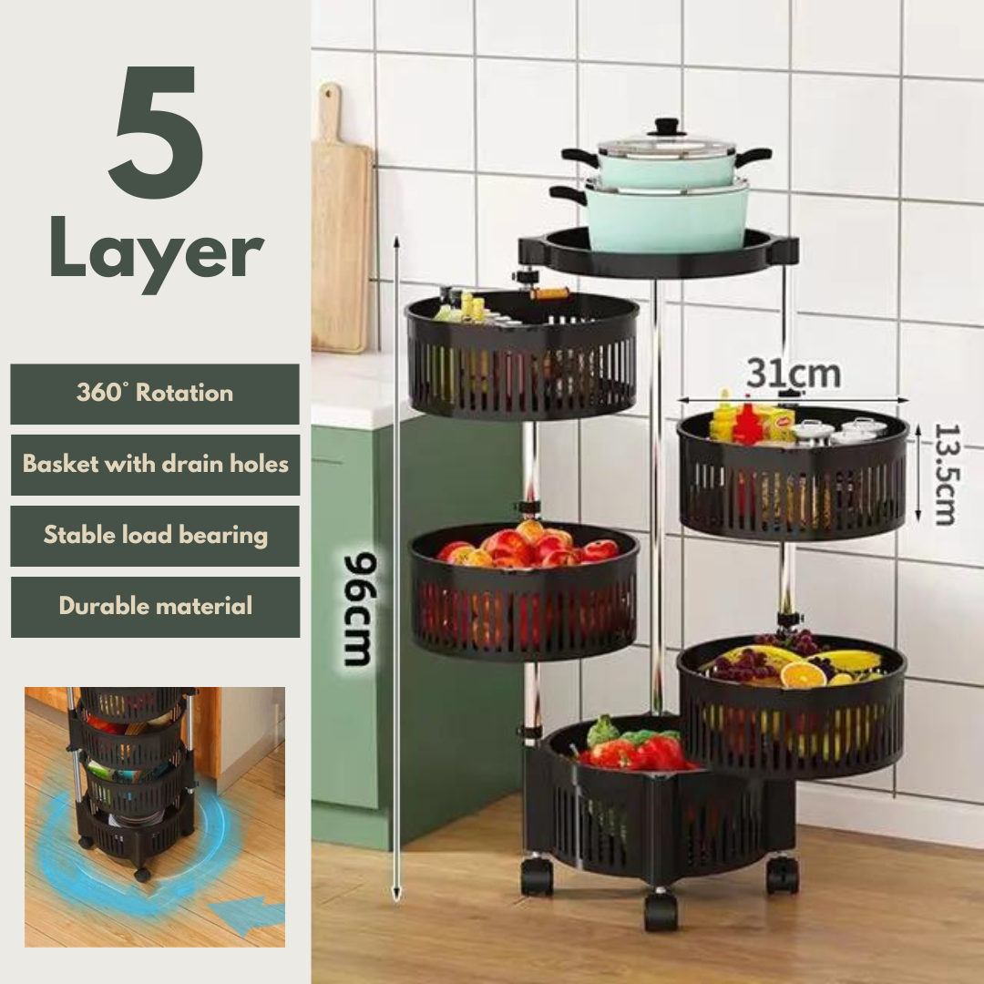 360° Rotating Multi-Layer Kitchen Storage Rack with Wheels – Fruit & Vegetable Organizer