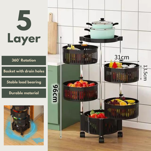 360° Rotating Multi-Layer Kitchen Storage Rack with Wheels – Fruit & Vegetable Organizer